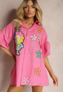 Różowa Koszula Długa z Rękawami 3/4 Zapinana na Guziki z Ozdobnymi Naszywkami Vieva