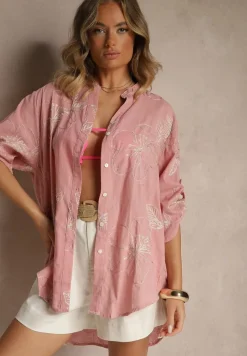 Różowa Koszula o Kroju Oversize z Podpinanymi Rękawami i Ozdobnym Haftem Follenea