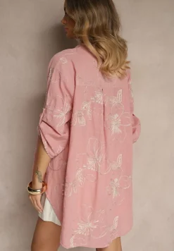 Różowa Koszula o Kroju Oversize z Podpinanymi Rękawami i Ozdobnym Haftem Follenea