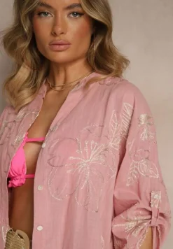 Różowa Koszula o Kroju Oversize z Podpinanymi Rękawami i Ozdobnym Haftem Follenea