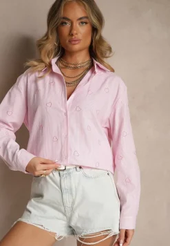 Różowa Koszula Oversize w Prążki Zdobiona Haftem w Serca Nitavela