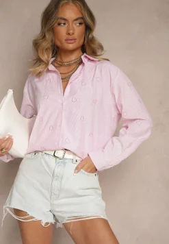 Różowa Koszula Oversize w Prążki Zdobiona Haftem w Serca Nitavela