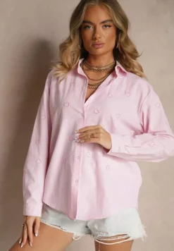 Różowa Koszula Oversize w Prążki Zdobiona Haftem w Serca Nitavela