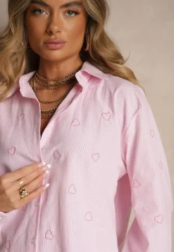Różowa Koszula Oversize w Prążki Zdobiona Haftem w Serca Nitavela