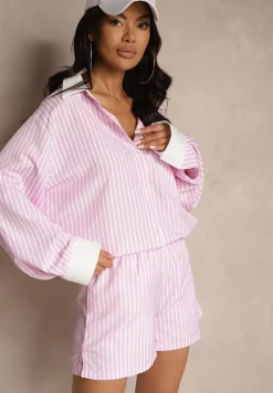 Różowa Koszula Ozdobiona Kieszonką i Paskami Zarindia