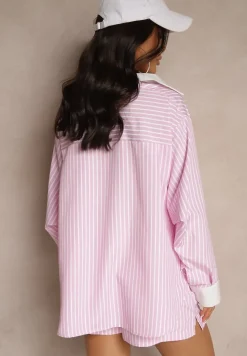 Różowa Koszula Ozdobiona Kieszonką i Paskami Zarindia