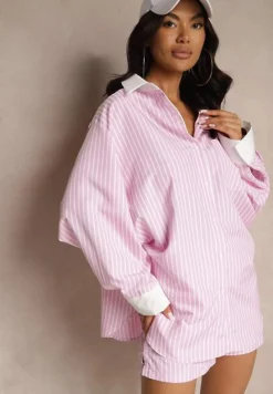 Różowa Koszula Ozdobiona Kieszonką i Paskami Zarindia