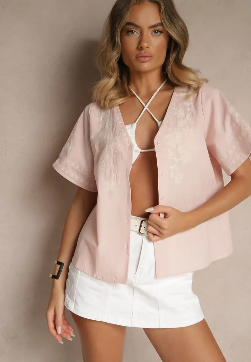 Różowa Koszula z Bawełny w Hafty Ararisa