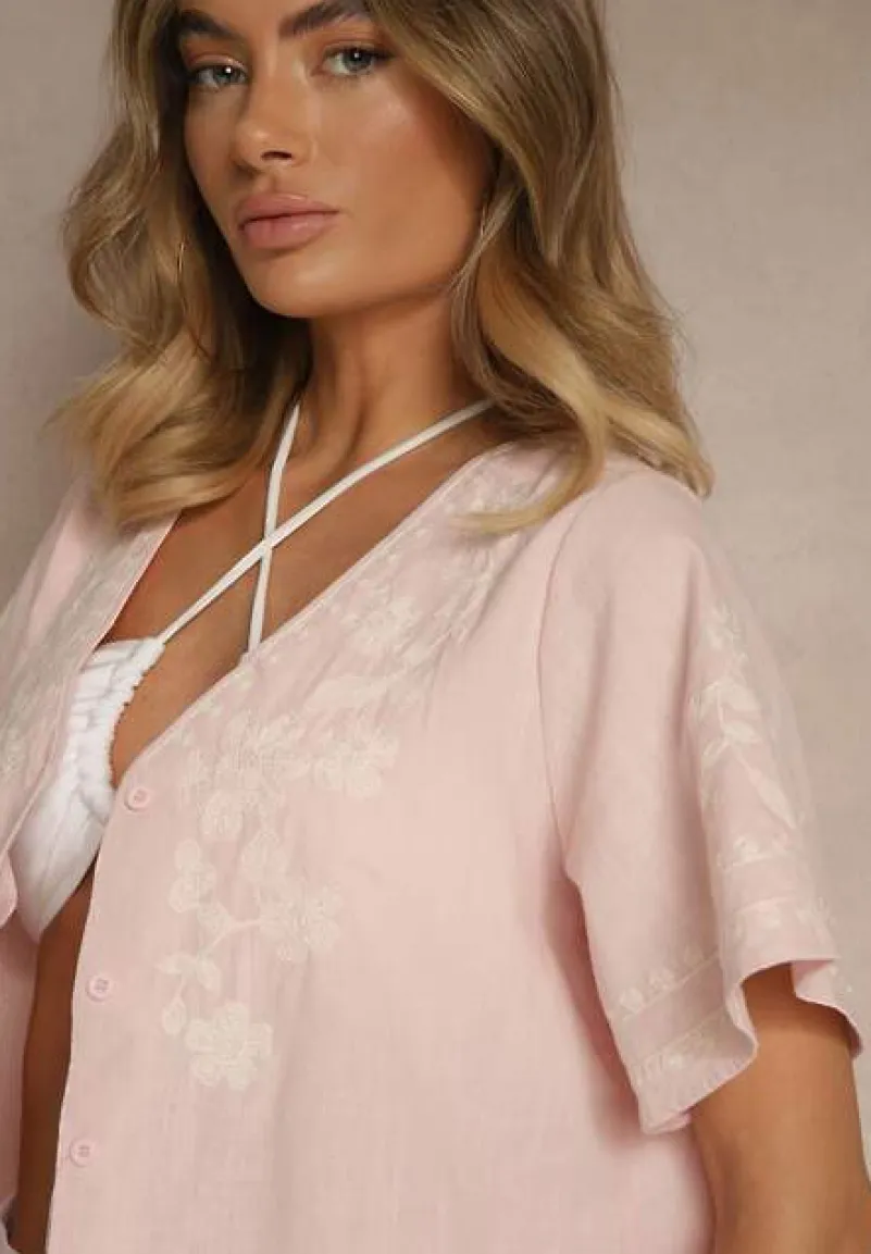 Różowa Koszula z Bawełny w Hafty Ararisa