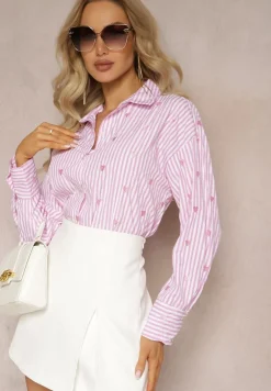 Różowa Koszula z Bawełny w Paski z Wyhaftowanymi Serduszkami Aleriesa