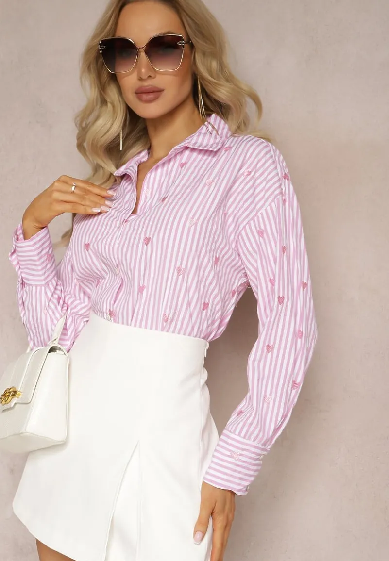 Różowa Koszula z Bawełny w Paski z Wyhaftowanymi Serduszkami Aleriesa