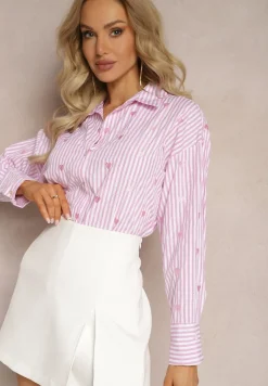 Różowa Koszula z Bawełny w Paski z Wyhaftowanymi Serduszkami Aleriesa