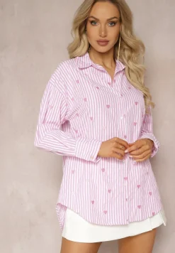 Różowa Koszula z Bawełny w Paski z Wyhaftowanymi Serduszkami Aleriesa