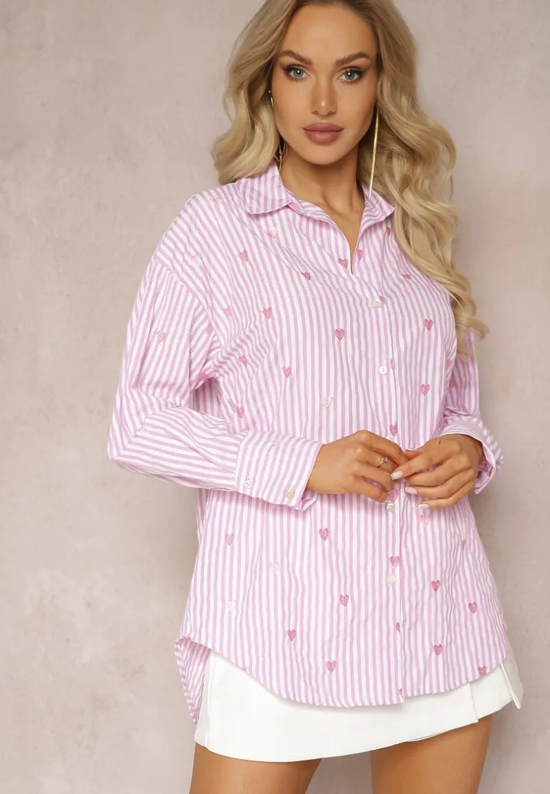 Różowa Koszula z Bawełny w Paski z Wyhaftowanymi Serduszkami Aleriesa