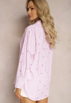 Różowa Koszula z Bawełny w Paski z Wyhaftowanymi Serduszkami Aleriesa