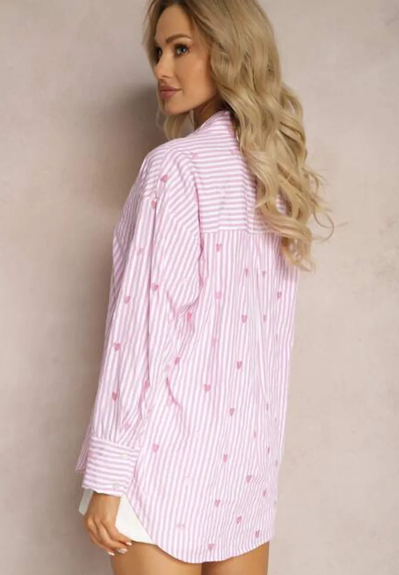 Różowa Koszula z Bawełny w Paski z Wyhaftowanymi Serduszkami Aleriesa