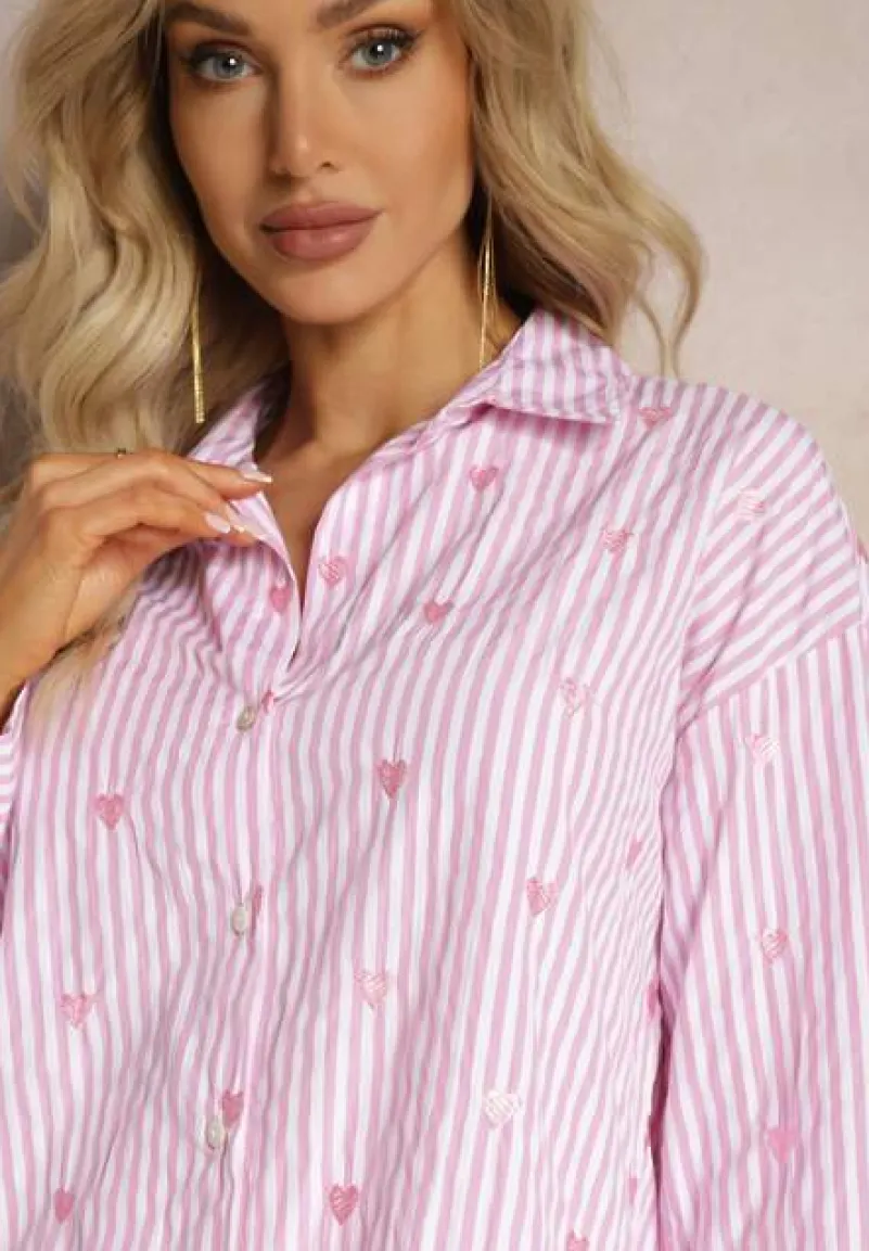 Różowa Koszula z Bawełny w Paski z Wyhaftowanymi Serduszkami Aleriesa