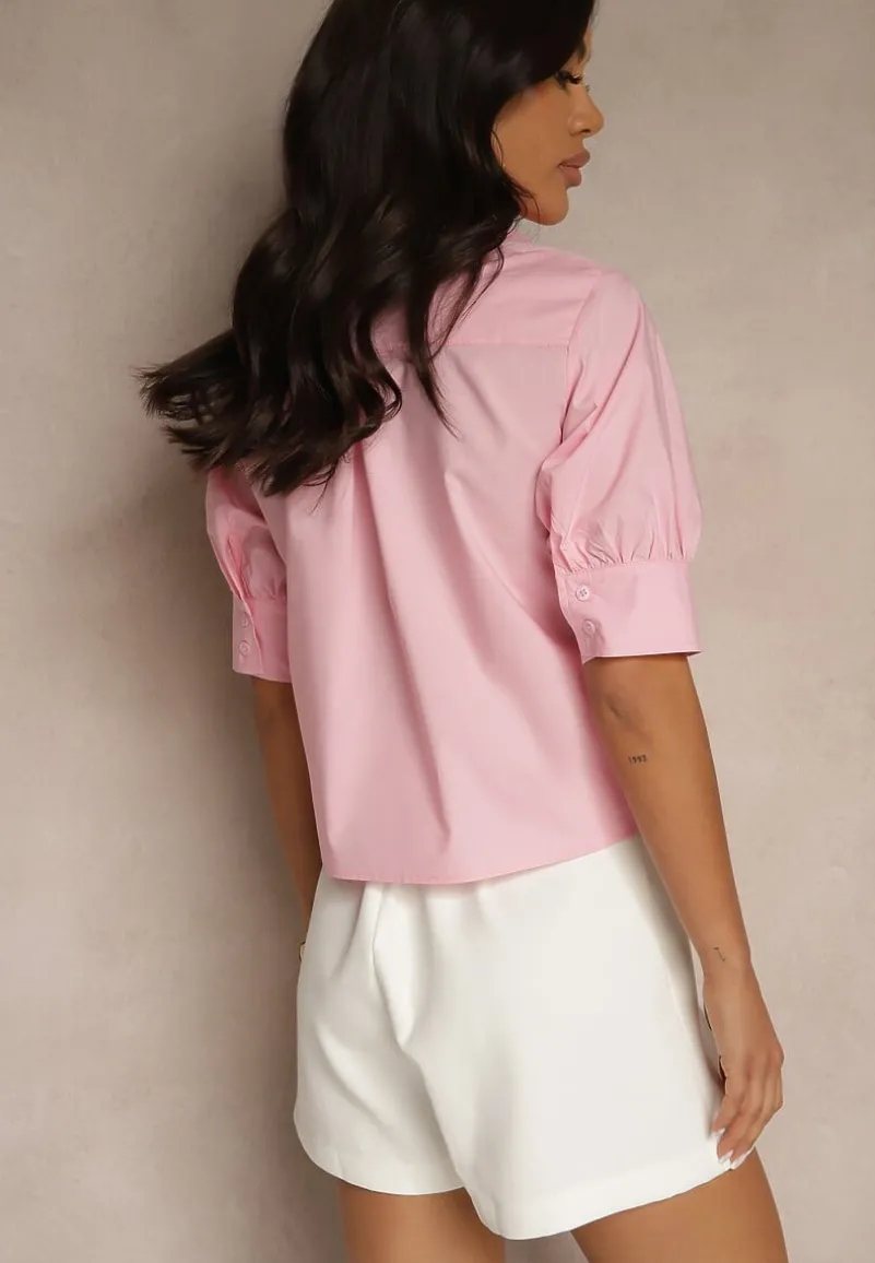 Różowa Koszula z Bawełny z Bufiastymi Rękawami Silanira