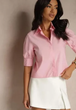 Różowa Koszula z Bawełny z Bufiastymi Rękawami Silanira