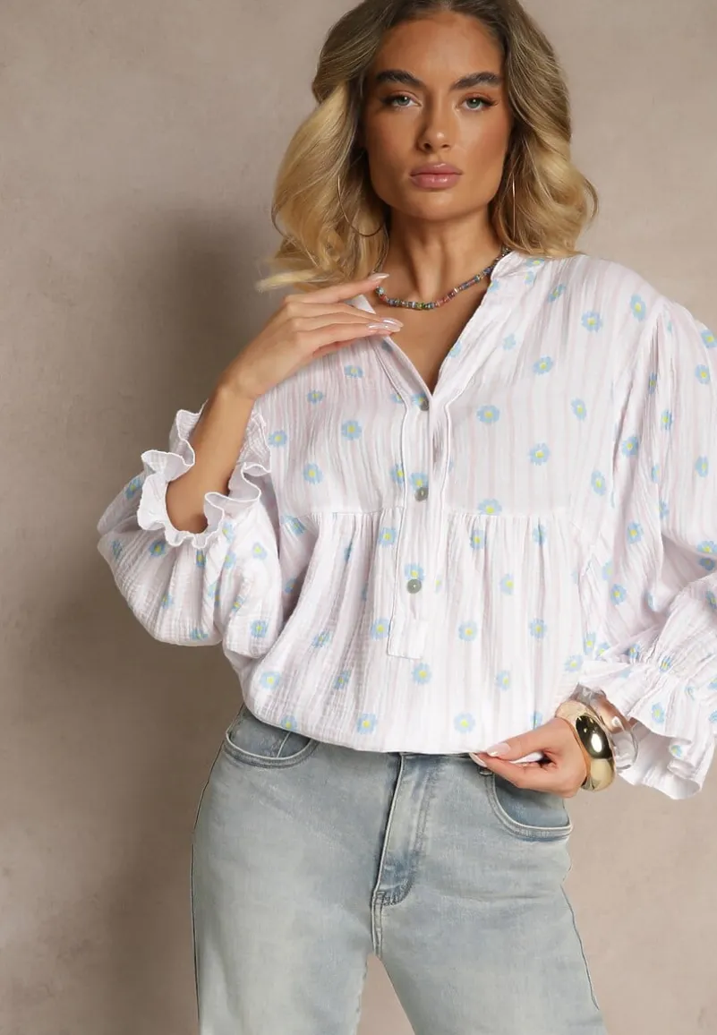 Różowa Koszula z Bawełny z Dekoltem w Serek Zdobiona Kwiatowym Wzorem Mailisse