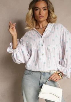 Różowa Koszula z Bawełny z Dekoltem w Serek Zdobiona Kwiatowym Wzorem Mailisse