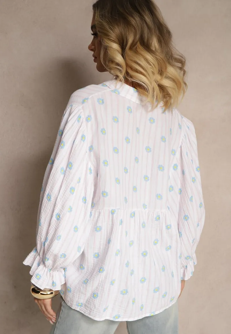 Różowa Koszula z Bawełny z Dekoltem w Serek Zdobiona Kwiatowym Wzorem Mailisse