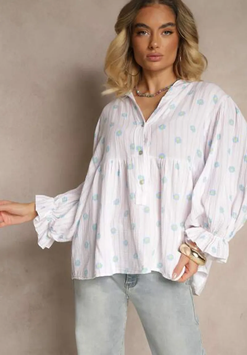 Różowa Koszula z Bawełny z Dekoltem w Serek Zdobiona Kwiatowym Wzorem Mailisse