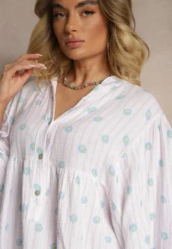 Różowa Koszula z Bawełny z Dekoltem w Serek Zdobiona Kwiatowym Wzorem Mailisse