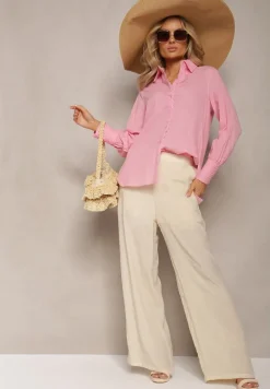 Różowa Koszula z Bawełny z Ozdobnym Haftem Przy Guzikach Gevindia