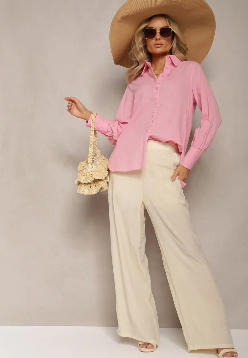 Różowa Koszula z Bawełny z Ozdobnym Haftem Przy Guzikach Gevindia