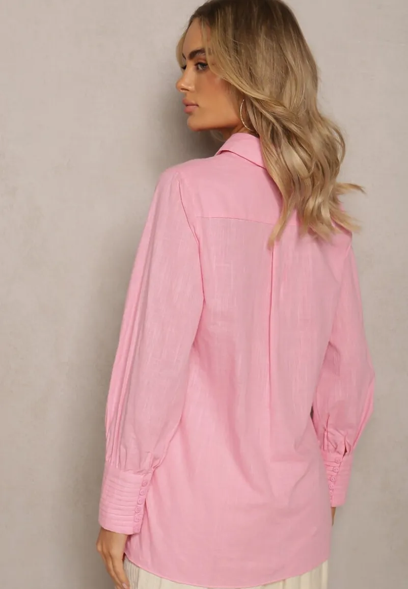 Różowa Koszula z Bawełny z Ozdobnym Haftem Przy Guzikach Gevindia