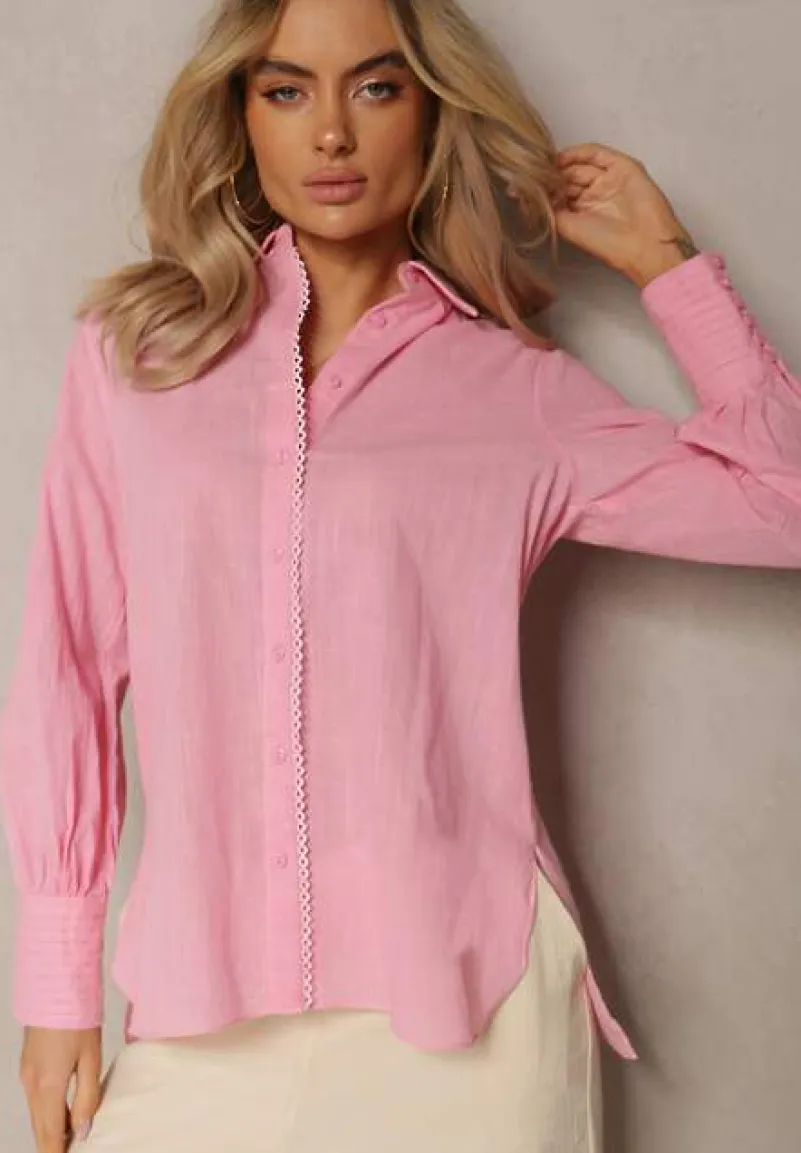 Różowa Koszula z Bawełny z Ozdobnym Haftem Przy Guzikach Gevindia