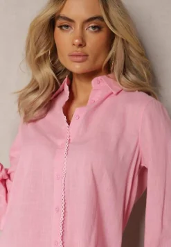 Różowa Koszula z Bawełny z Ozdobnym Haftem Przy Guzikach Gevindia