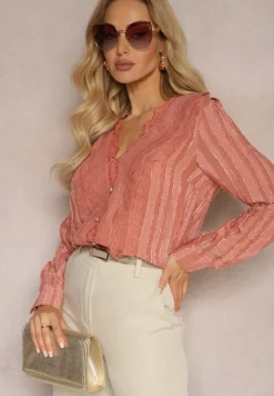 Różowa Koszula z Koronką Falbankami i Perłowymi Guzikami Wildberg