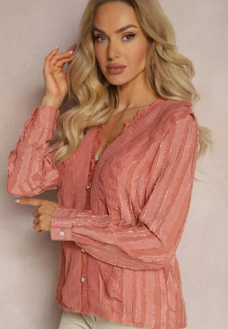 Różowa Koszula z Koronką Falbankami i Perłowymi Guzikami Wildberg