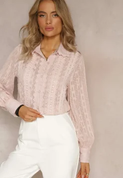 Różowa Koszula z Tkaniny Plumeti Zdobiona Metaliczną Nitką i Koronką Mulliner