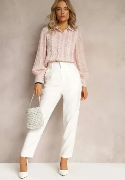 Różowa Koszula z Tkaniny Plumeti Zdobiona Metaliczną Nitką i Koronką Mulliner