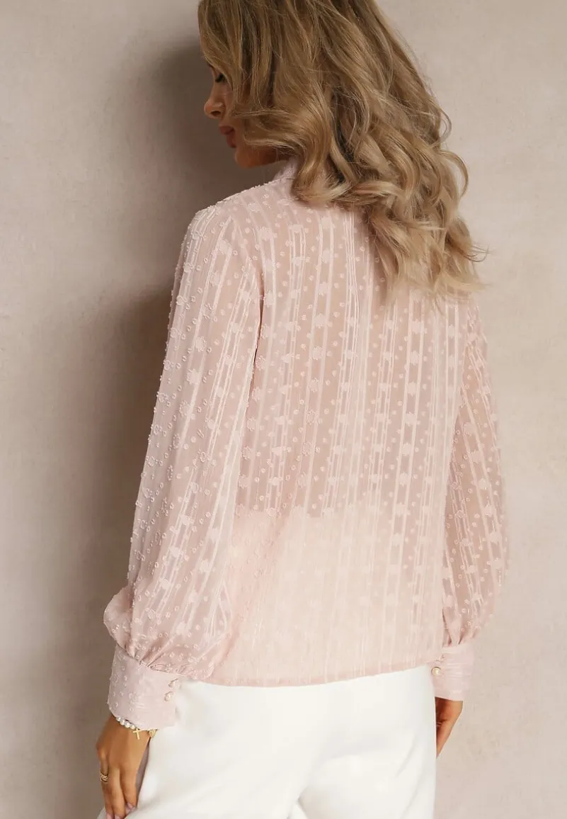 Różowa Koszula z Tkaniny Plumeti Zdobiona Metaliczną Nitką i Koronką Mulliner
