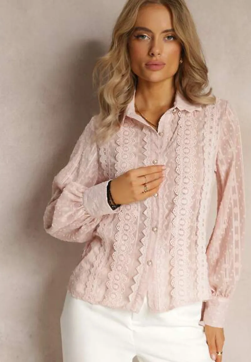 Różowa Koszula z Tkaniny Plumeti Zdobiona Metaliczną Nitką i Koronką Mulliner