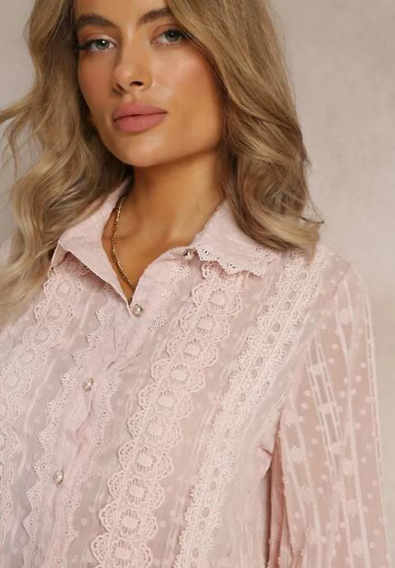 Różowa Koszula z Tkaniny Plumeti Zdobiona Metaliczną Nitką i Koronką Mulliner