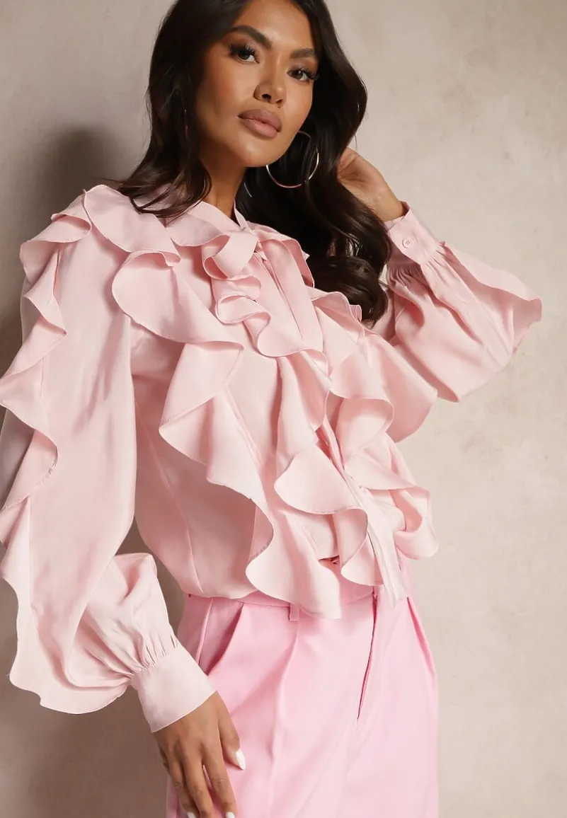 Różowa Koszula z Wiskozą Zdobiona Falbanami i Wiązaniem przy Szyi Ravissa