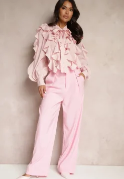 Różowa Koszula z Wiskozą Zdobiona Falbanami i Wiązaniem przy Szyi Ravissa
