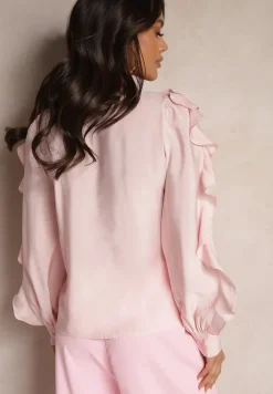 Różowa Koszula z Wiskozą Zdobiona Falbanami i Wiązaniem przy Szyi Ravissa