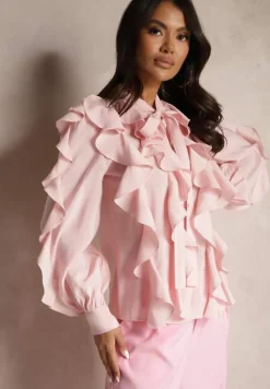 Różowa Koszula z Wiskozą Zdobiona Falbanami i Wiązaniem przy Szyi Ravissa