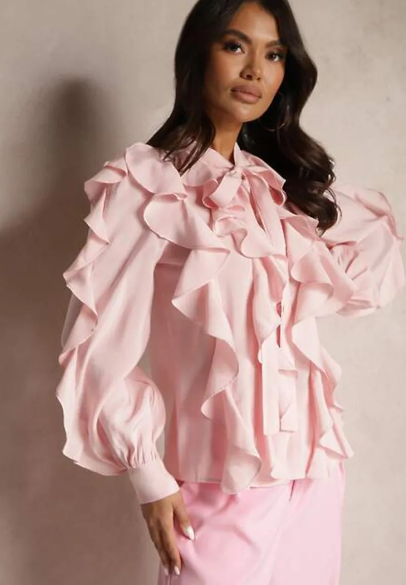 Różowa Koszula z Wiskozą Zdobiona Falbanami i Wiązaniem przy Szyi Ravissa