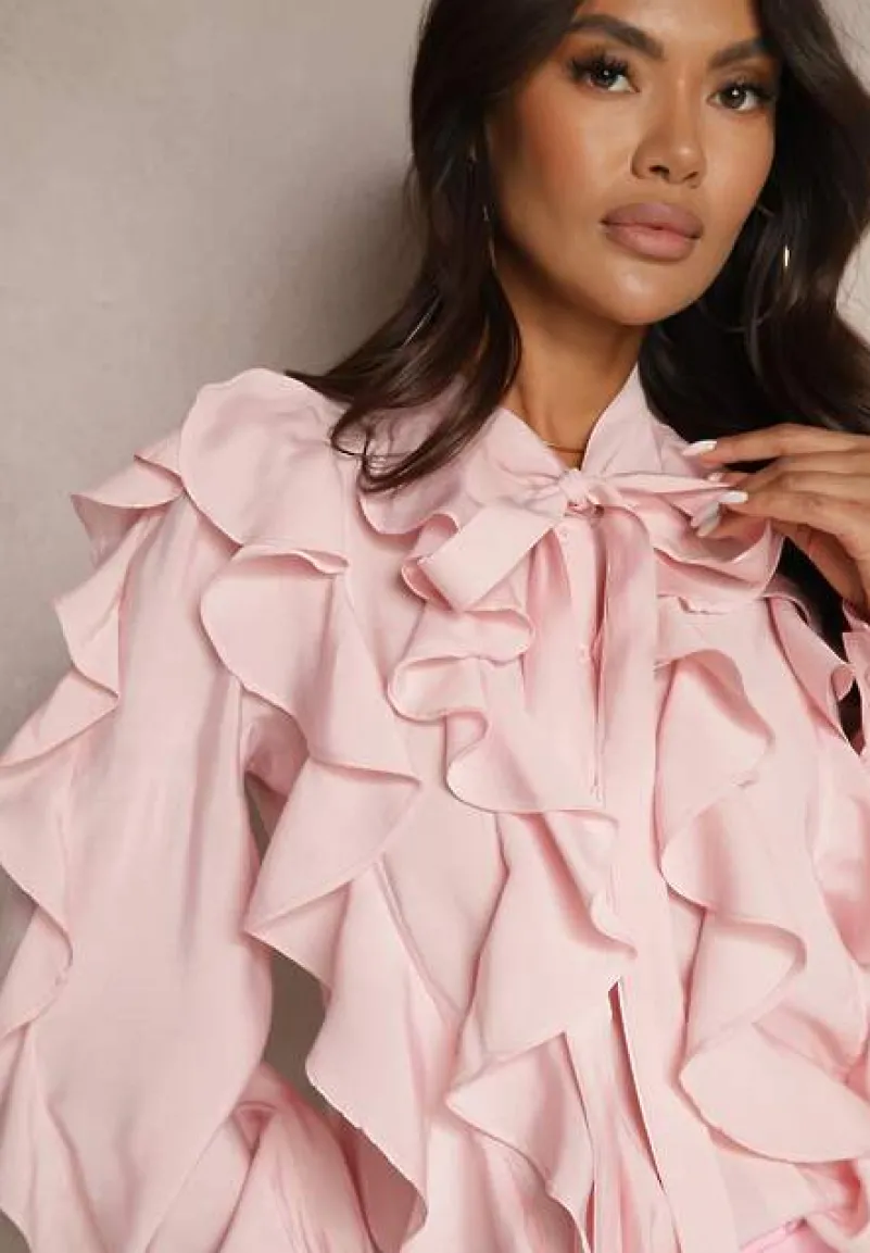 Różowa Koszula z Wiskozą Zdobiona Falbanami i Wiązaniem przy Szyi Ravissa