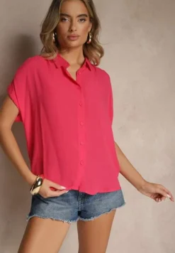 Różowa Koszula z Wiskozy Ozdobiona Podwinięciami Tilaruna