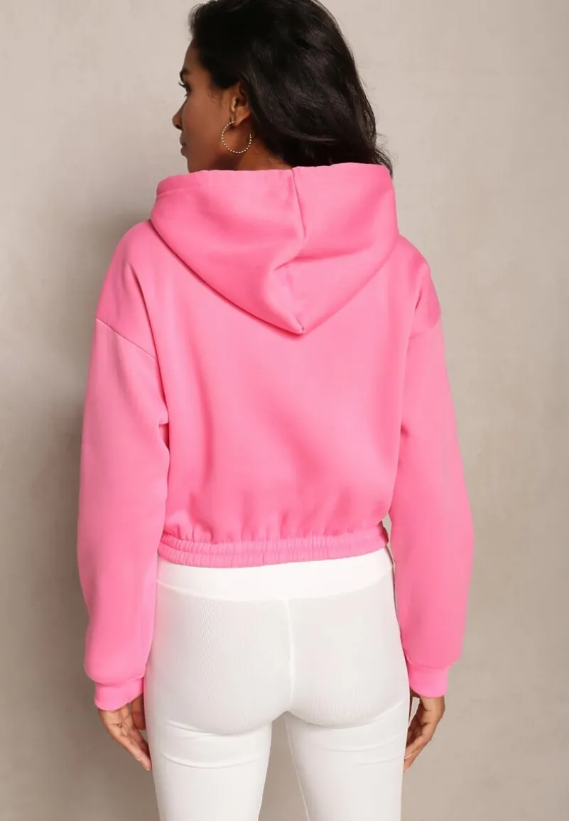 Różowa Krótka Bluza z Kapturem Ściągaczami i Ozdobnym Nadrukiem Relis