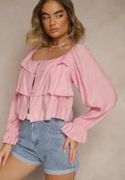 Różowa Krótka Koszula z Wiskozy Ozdobiona Falbankami Noviella