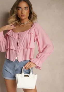 Różowa Krótka Koszula z Wiskozy Ozdobiona Falbankami Noviella